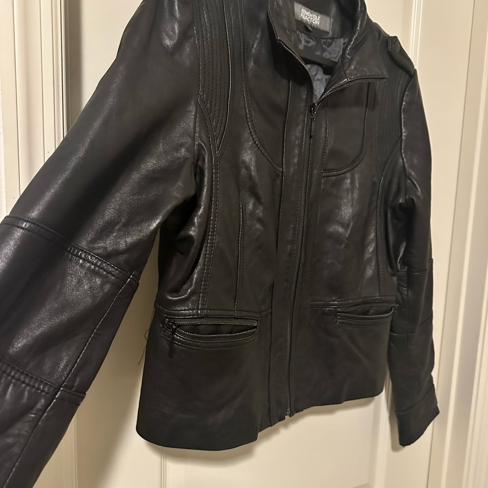 Kenneth Cole Reaction 100% Leather Black Moto Lined Jacket Women’s Size XL‎ - Picture 3 of 10